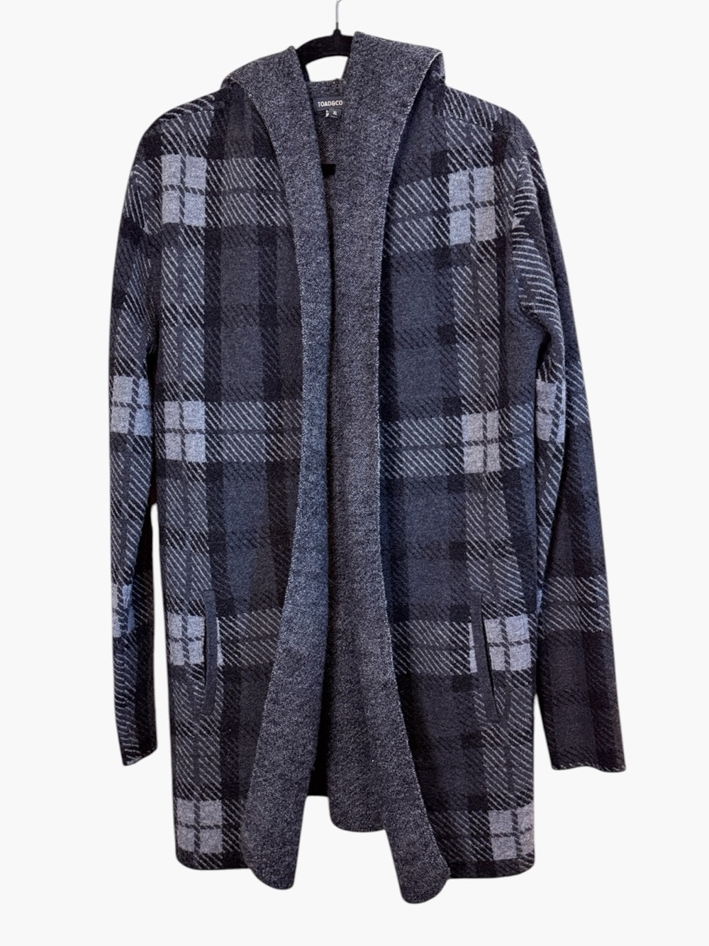 Toad & Co Women’s 100% Wool Longline Hooded Charcoal Plaid Cardigan Sz XL